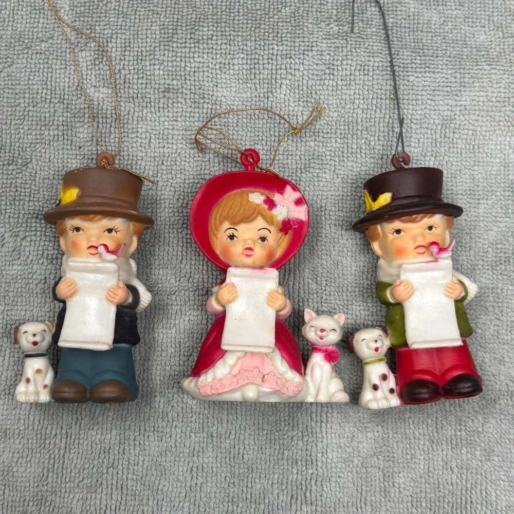 Vintage Christmas Carolers Ornaments Set of‎ 3 Boy Girl Dogs Cat Retro Kitsch